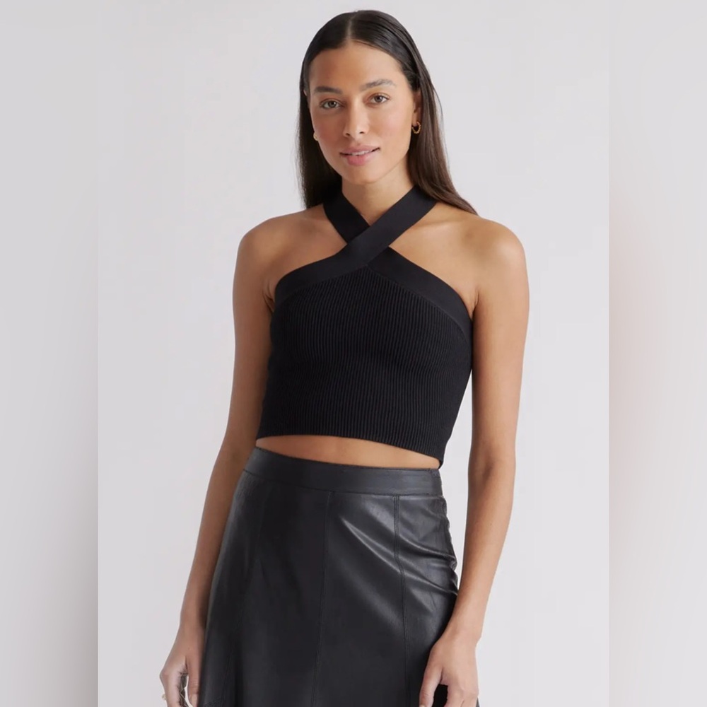Quince Womens Cropped Halter Ribbed Knit Tank Black Sleeveless Top S